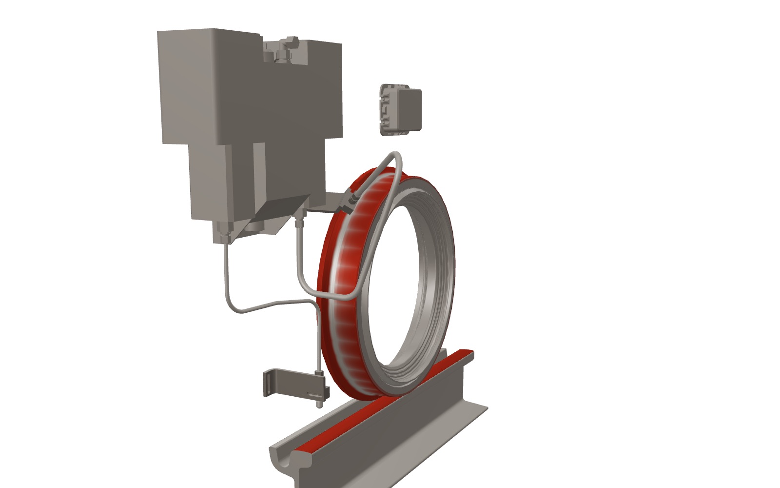 CAD model of the wheel-rail application system, flange and top-of-rail nozzles shown, interactive demonstrator scene.