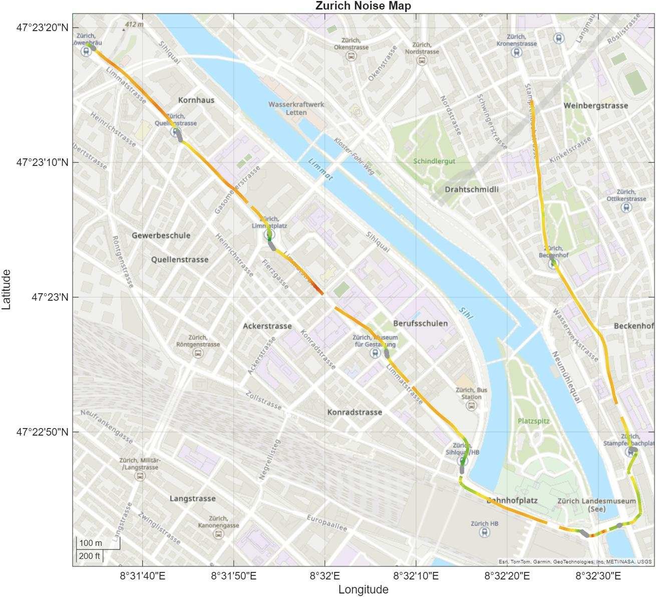 Noise measurement plotted along a tram route through central Zurich, colour-coded from quieter to louder sections.