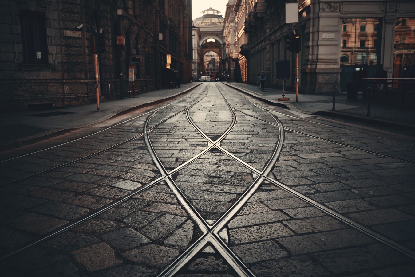 Two tram tracks cross in the city centre of Bern, the capital of Switzerland