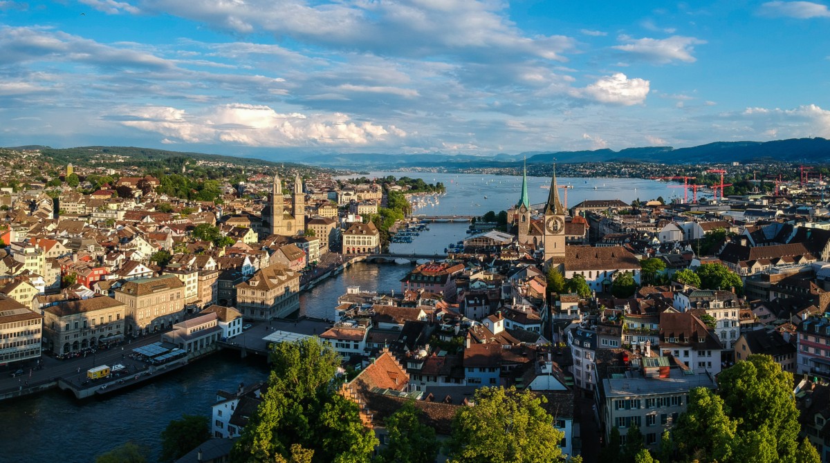 Aerial view of Zurich's old town and the Limmat river.