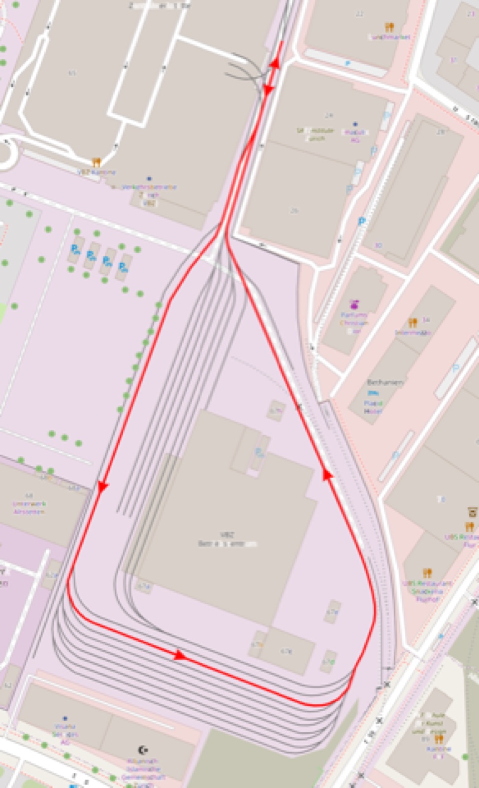 Overhead map of the closed test-track loop used for TX4 trials, route marked.