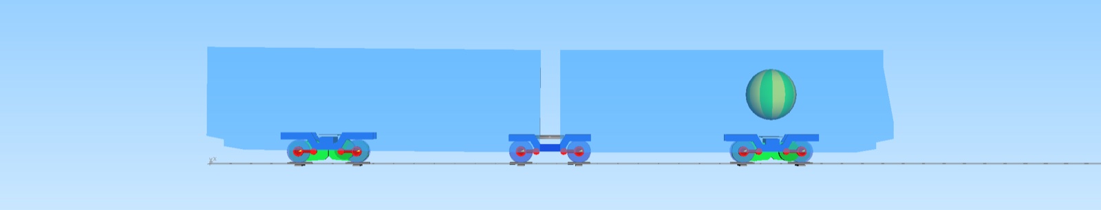 Diagramm dreier Drehgestell- und Radsatzpositionen unter einem Tram-Umriss, die mittlere grün hervorgehoben.