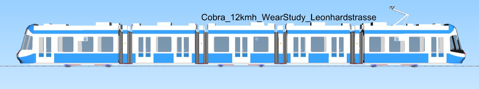 Seitenprofil-Diagramm eines Cobra-Trams für die 12 km/h Verschleissstudie Leonhardstrasse, mit markierten Radpositionen.