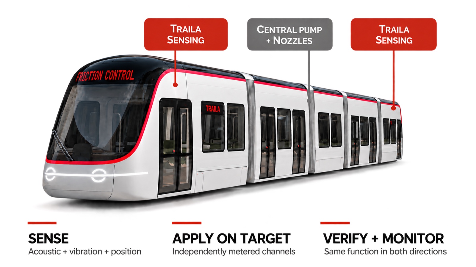CGI render of a rail vehicle labelled FRICTION CONTROL and Traila Sensing, with SENSE / APPLY / VERIFY captions.