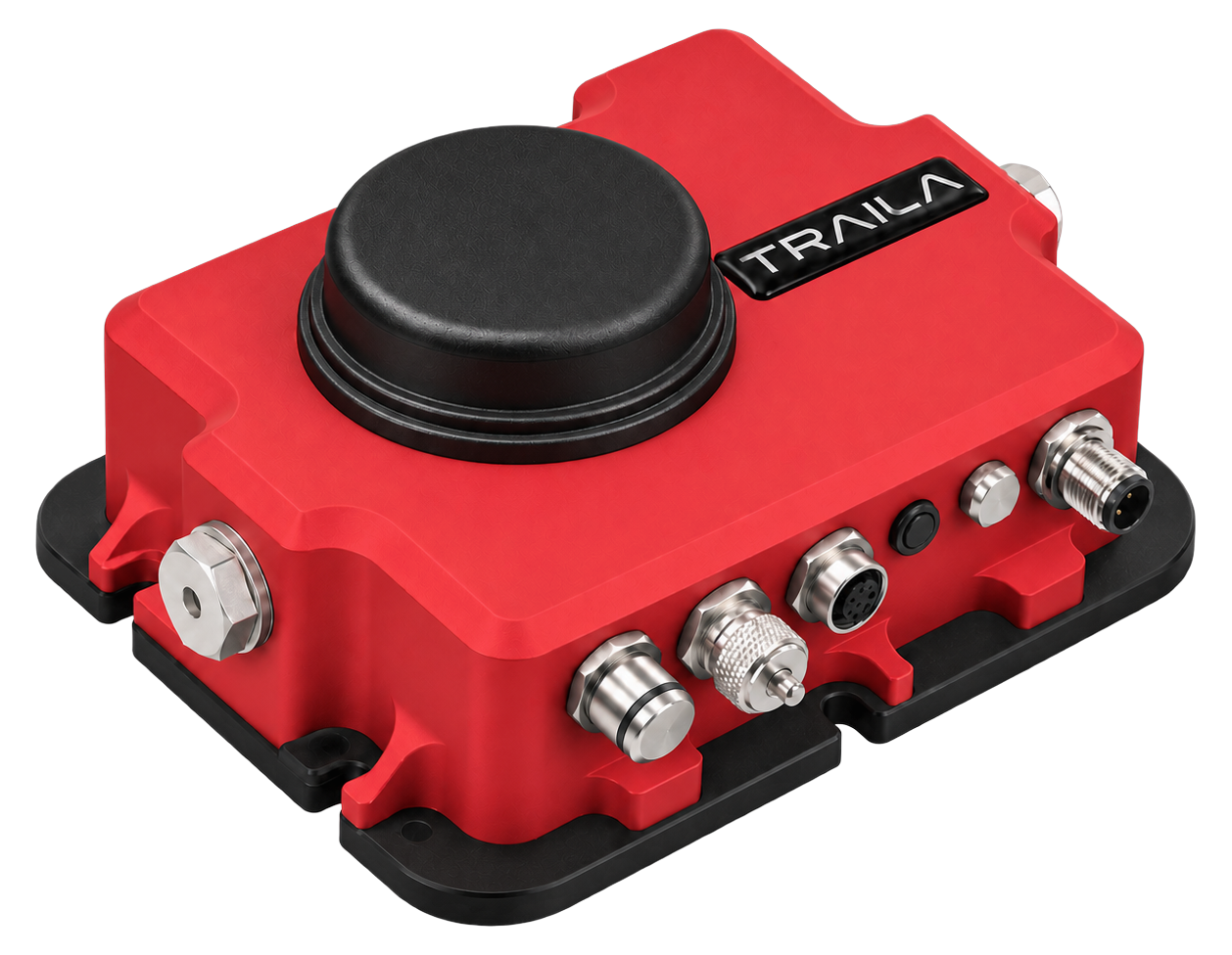 Traila Tuner: red housing, black sensor dome, connectors along the front edge.