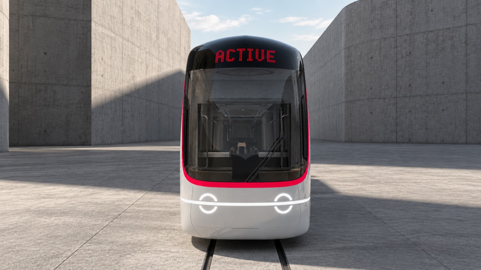 Illustration of a Traila next-generation vehicle concept, front view, destination display reading ACTIVE.